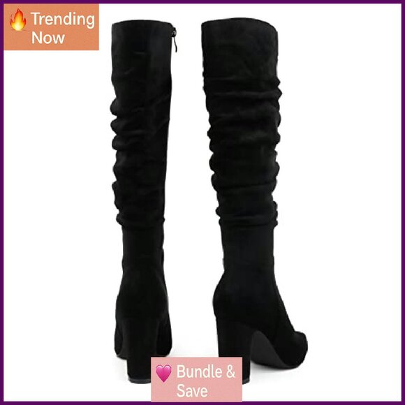 Knee High Boots with Block Heel, Pointed Toe, Side Zipper, Ankle Strap - Picture 5 of 7